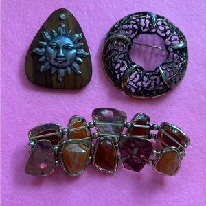 Silver-Tone Sunwood Pin and Agate Stone Bracelet Set - Multicolor